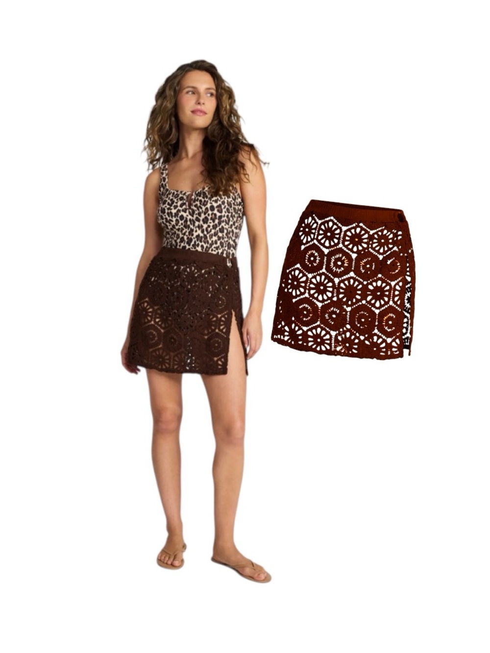 No Boundaries Brown Palm Crochet Lace Swim Coverup Mini Skirt